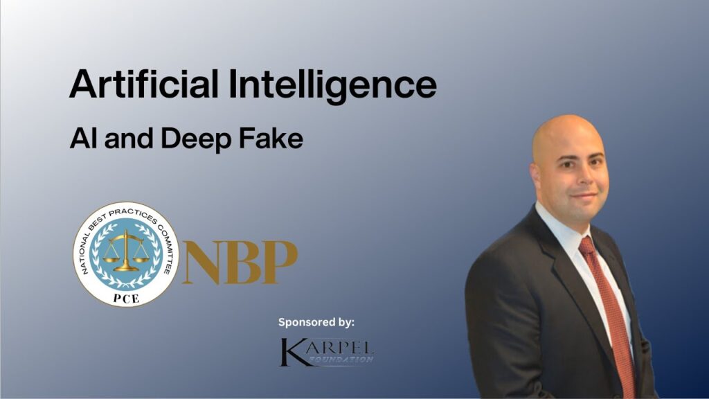A dark blue background includes the text, "Artificial Intelligence" and "AI and Deep Fake" with a headshot of Brandon Epstein, the Chief Forensic Officer of Medex Forensics. 
