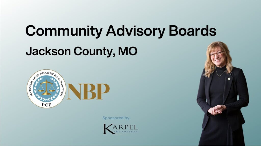 A light green background includes text, "Community Advisory Boards" and "Jackson County, MO" with a photo of Prosecuting Attorney Jean Peters Baker of Jackson County, MO.