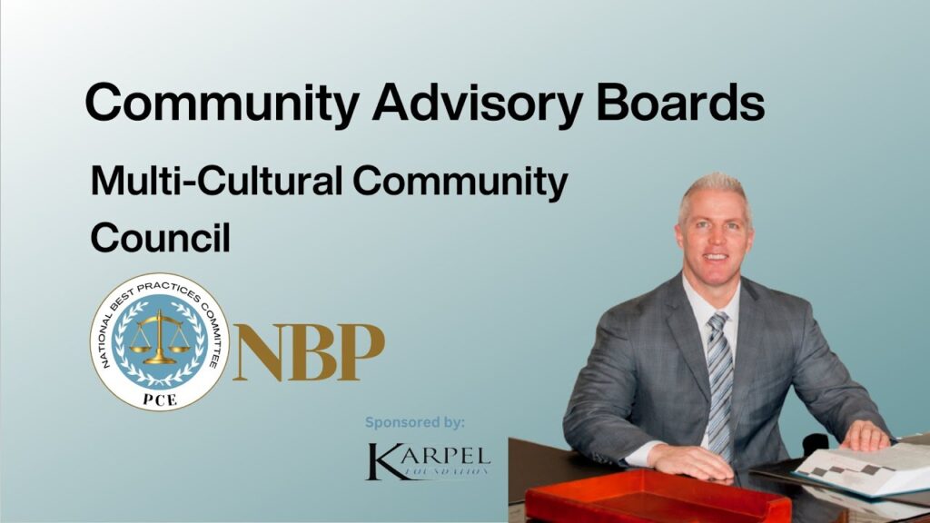 A light green background includes text, "Community Advisory Boards" and "Multi-Cultural Community Council" with a headshot of District Attorney of Yolo County, Jeff Reisig. 